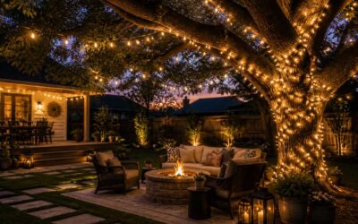Outdoor lighting can be mounted on trees to brighten any path.
